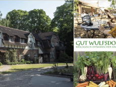 Das Gut Wulfsdorf ist ein sehr vielfältiger biologisch- dynamisch wirtschaftender Betrieb mit Ackerbau, Vieh- haltung, Gemüseanbau, Milch- verarbeitung, Bäckerei, Metz- gerei, Marktständen und einem Hofladen mit angeschlossenem Cafébereich. 